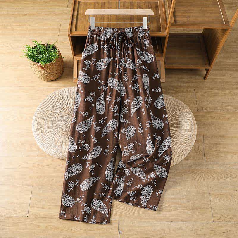 Buddha Stones Pantalon bohème décontracté printemps-été à cordon de serrage et motif cachemire, coupe 7/8, jambes droites, avec poches - SaddleBrown - US8-10, UK/AU12-14, EU40-42 (2XL) - image 0