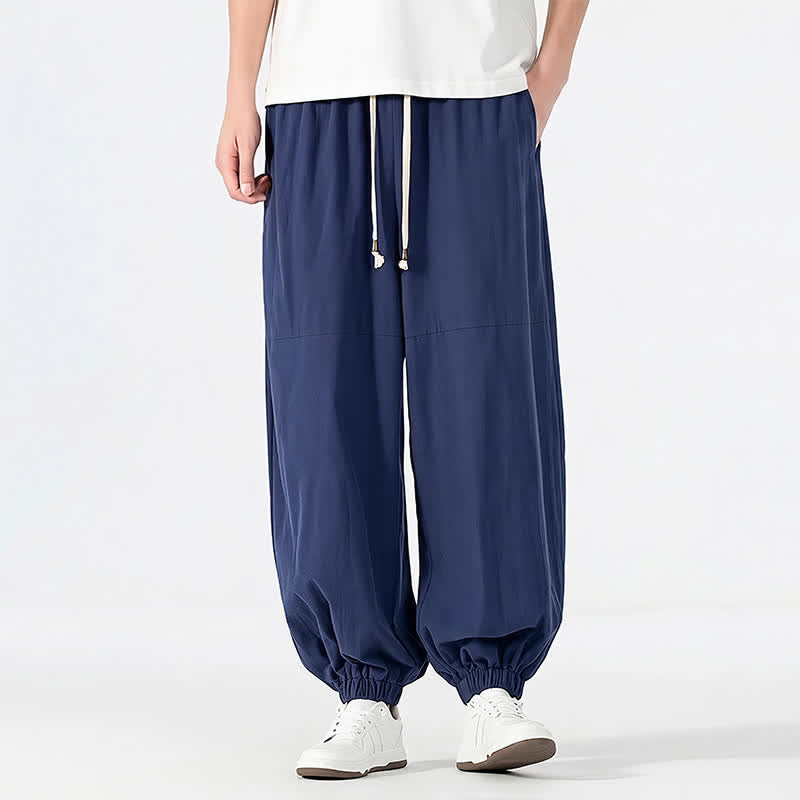Buddha Stones Pantalon harem homme printemps-été décontracté minimaliste à cordon de serrage, en coton et lin uni, avec poches - Marine - US/UK/AU54, EU64 (9XL) - image 0