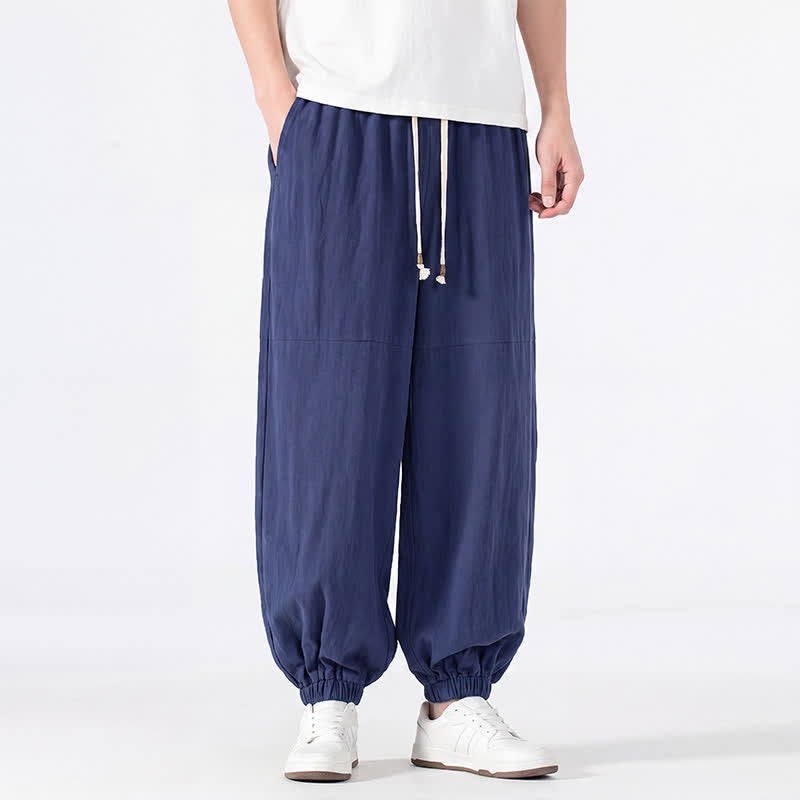 Buddha Stones Pantalon harem homme printemps-été décontracté minimaliste à cordon de serrage, en coton et lin uni, avec poches - image 1