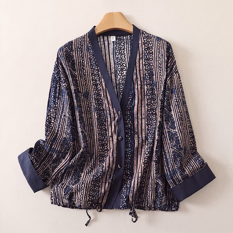 Buddha Stones Chemises à manches longues boutonnées à motifs géométriques bohèmes vintage pour femmes, printemps-été - Marine - US8-10, UK/AU12-14, EU40-42 (2XL) - image 0