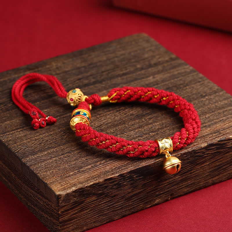 Buddha Stones Bracelet en corde multicolore tissé à la main avec breloque clochette de sagesse tibétaine Om Mani Padme Hum - Bourgogne (Tour de poignet : 15–17 cm) - image 0