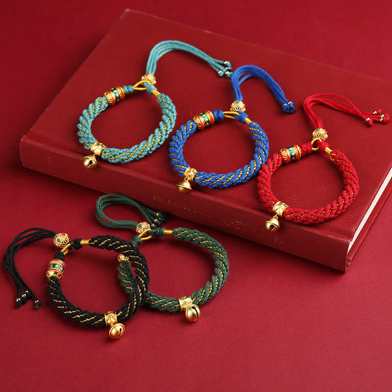 Buddha Stones Bracelet en corde multicolore tissé à la main avec breloque clochette de sagesse tibétaine Om Mani Padme Hum - image 1