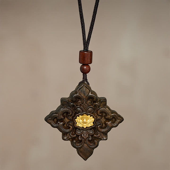 Buddha Stones Collier pendentif carré en bois de sappan sculpté en forme de lotus, symbole d'illumination - image 2