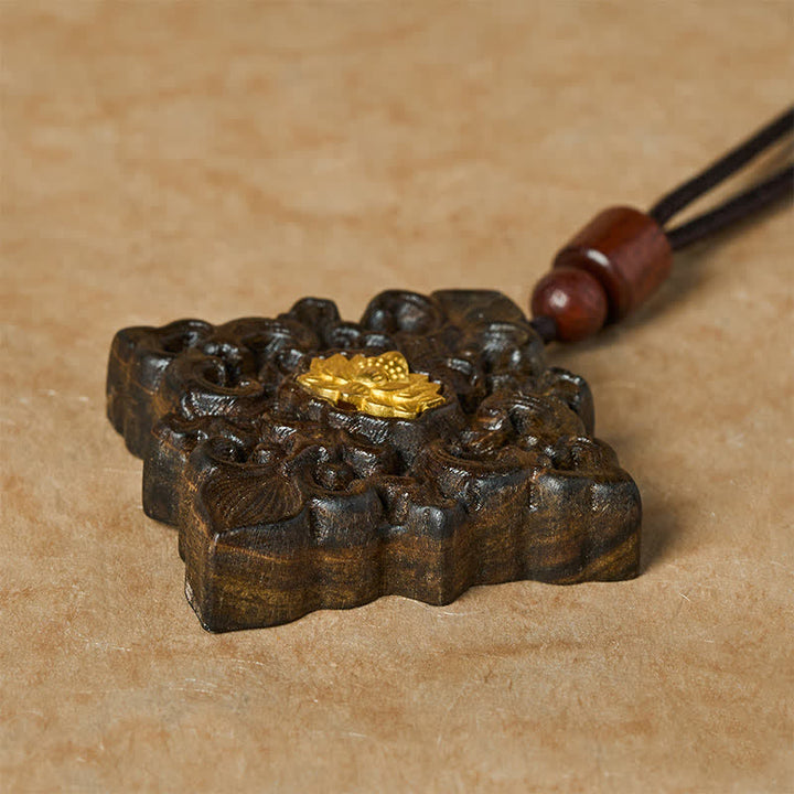 Buddha Stones Collier pendentif carré en bois de sappan sculpté en forme de lotus, symbole d'illumination - image 3