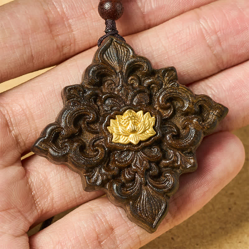 Buddha Stones Collier pendentif carré en bois de sappan sculpté en forme de lotus, symbole d'illumination - image 4