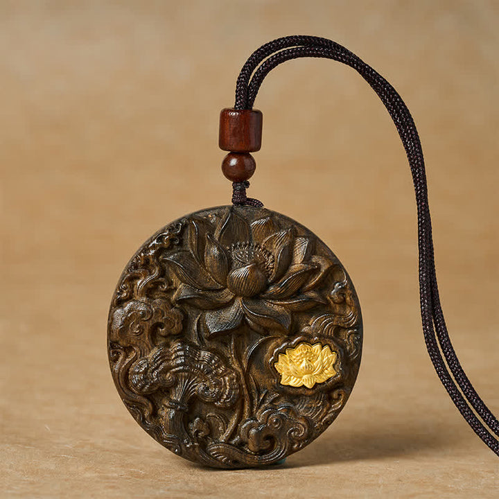 Buddha Stones Collier d'illumination en bois de sappan sculpté en forme de lotus - Double Lotus - image 0