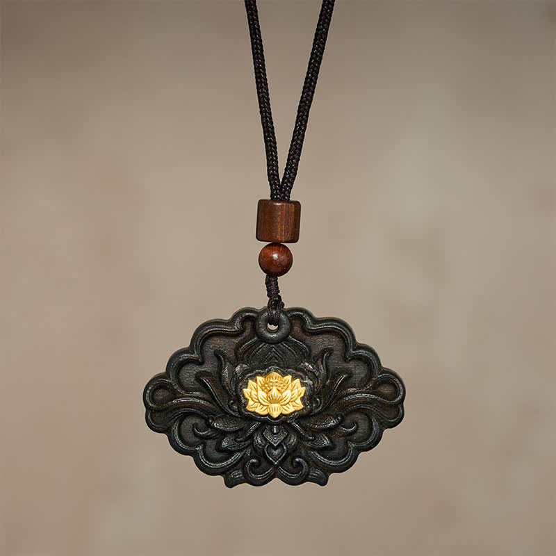 Buddha Stones Collier pendentif sculpté en relief représentant un lotus en bois de sappan - image 2