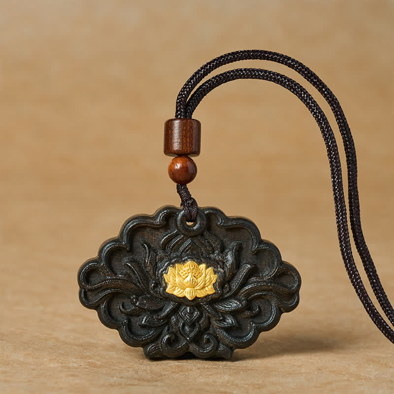 Buddha Stones Collier pendentif sculpté en relief représentant un lotus en bois de sappan - Lotus - image 0