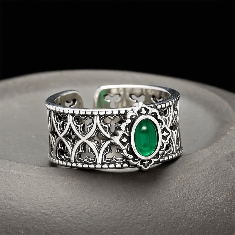 Buddha Stones Bague ouverte gravée en agate verte vintage - Environ 18-20 mm (pointures US 8 à US 10) - image 0