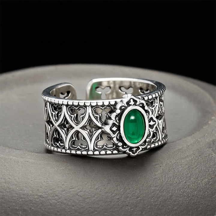 Buddha Stones Bague ouverte gravée en agate verte vintage - Environ 18-20 mm (pointures US 8 à US 10) - image 0