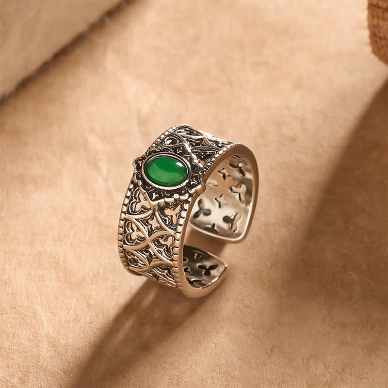 Buddha Stones Bague ouverte gravée en agate verte vintage - image 1