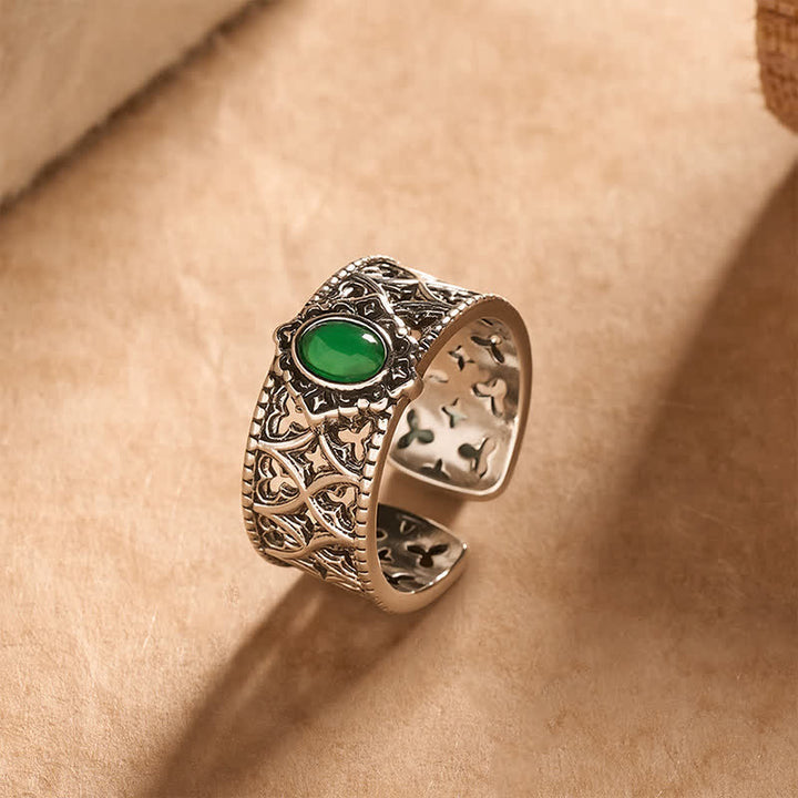 Buddha Stones Bague ouverte gravée en agate verte vintage - image 1