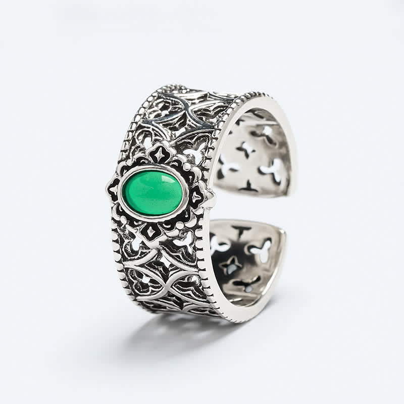 Buddha Stones Bague ouverte gravée en agate verte vintage - image 5