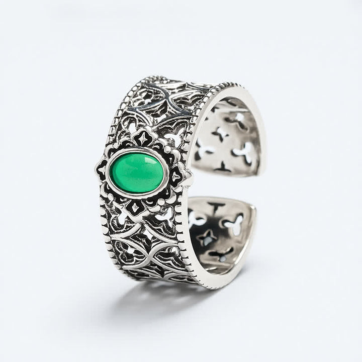 Buddha Stones Bague ouverte gravée en agate verte vintage - image 5