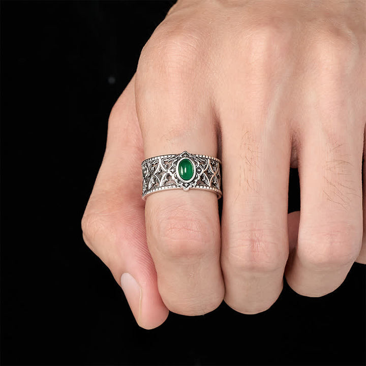 Buddha Stones Bague ouverte gravée en agate verte vintage - image 4
