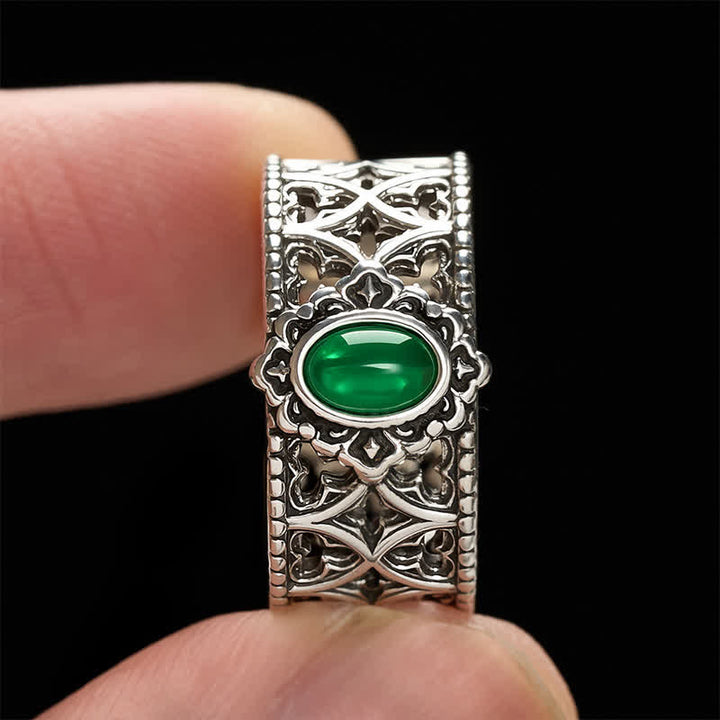 Buddha Stones Bague ouverte gravée en agate verte vintage - image 3