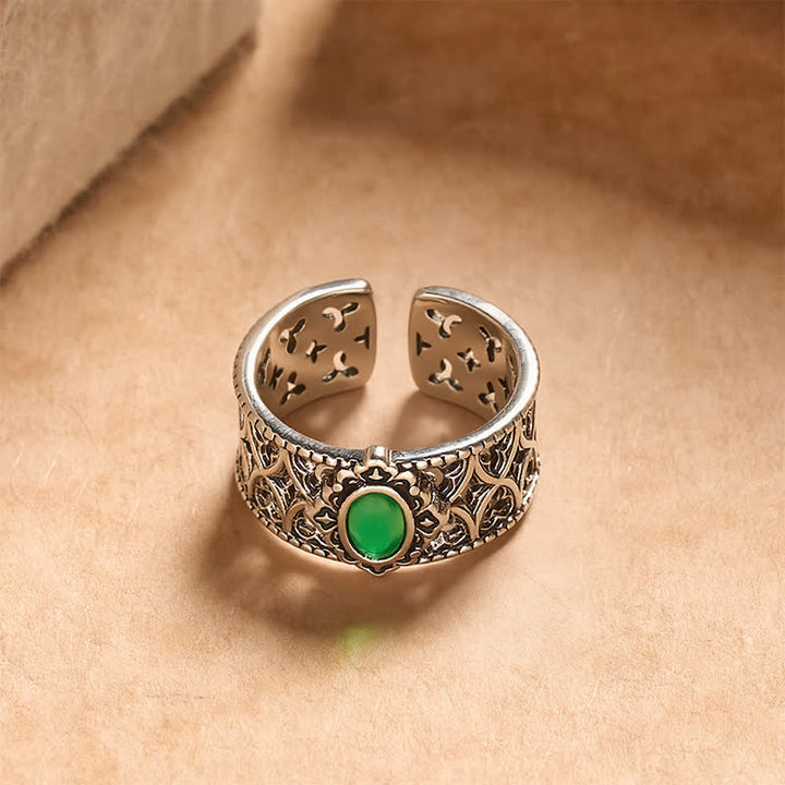 Buddha Stones Bague ouverte gravée en agate verte vintage - image 2