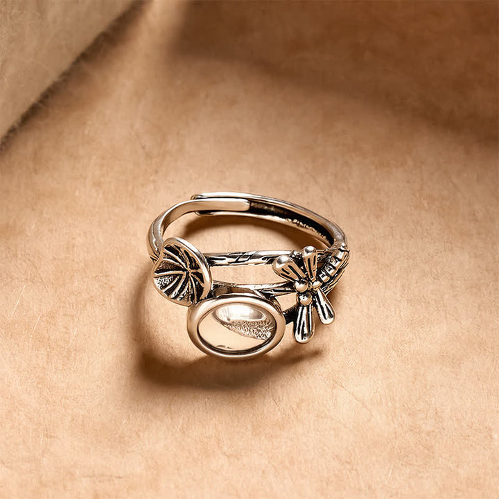 Buddha Stones Bague ouverte de pureté en cuivre, feuille de lotus et libellule - image 1