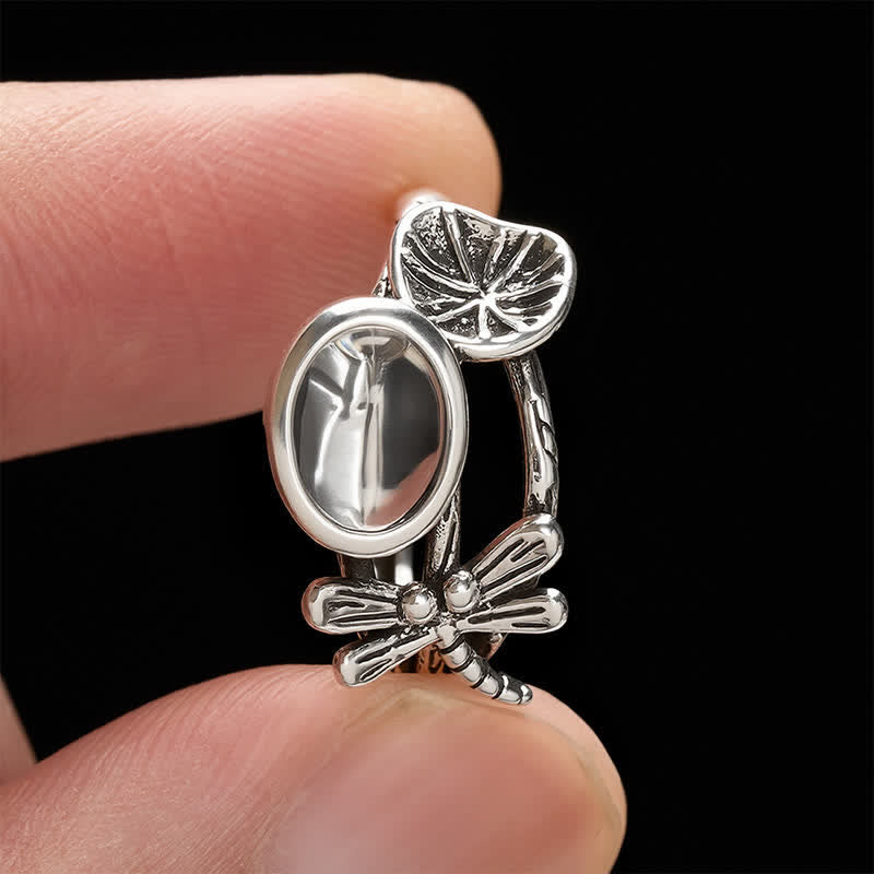 Buddha Stones Bague ouverte de pureté en cuivre, feuille de lotus et libellule - image 2