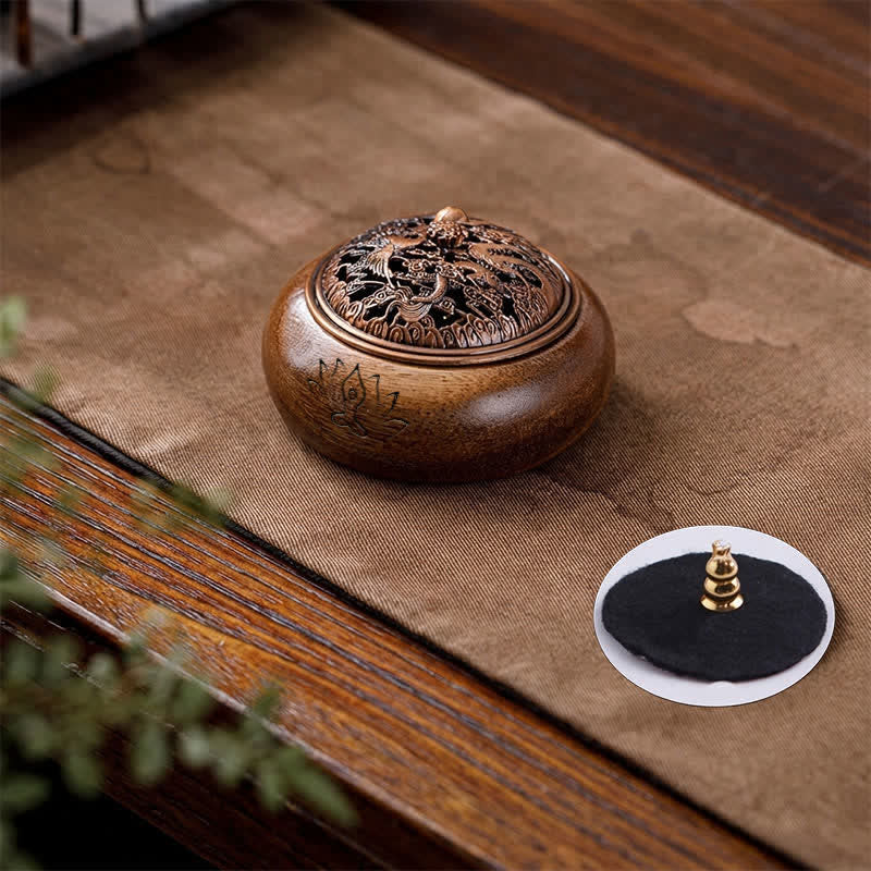 Buddha Stones Brûleur d'encens rond en bois de pêche Dragon Phénix Force - Dragon Phénix - image 0