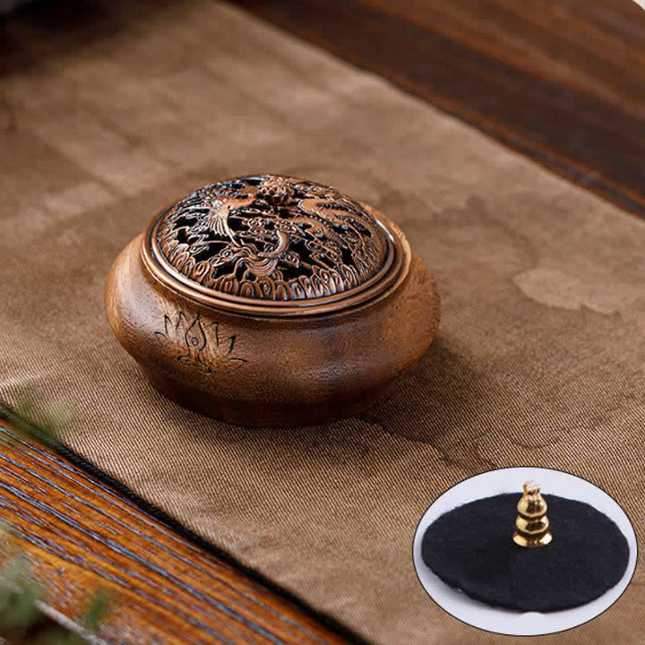 Buddha Stones Brûleur d'encens rond en bois de pêcher, dragon et phénix porte-bonheur - En forme de bol - Dragon Phénix - image 9
