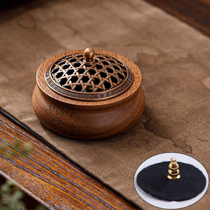 Buddha Stones Brûleur d'encens rond en bois de pêcher, dragon et phénix porte-bonheur - En forme de pot - Motif tissé - image 0