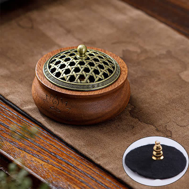 Buddha Stones Brûleur d'encens rond en bois de pêcher, dragon et phénix porte-bonheur - En forme de pot - Motif tissé vert - image 1