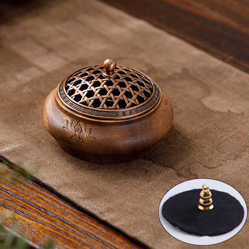 Buddha Stones Brûleur d'encens rond en bois de pêcher, dragon et phénix porte-bonheur - En forme de bol - Motif tissé - image 7