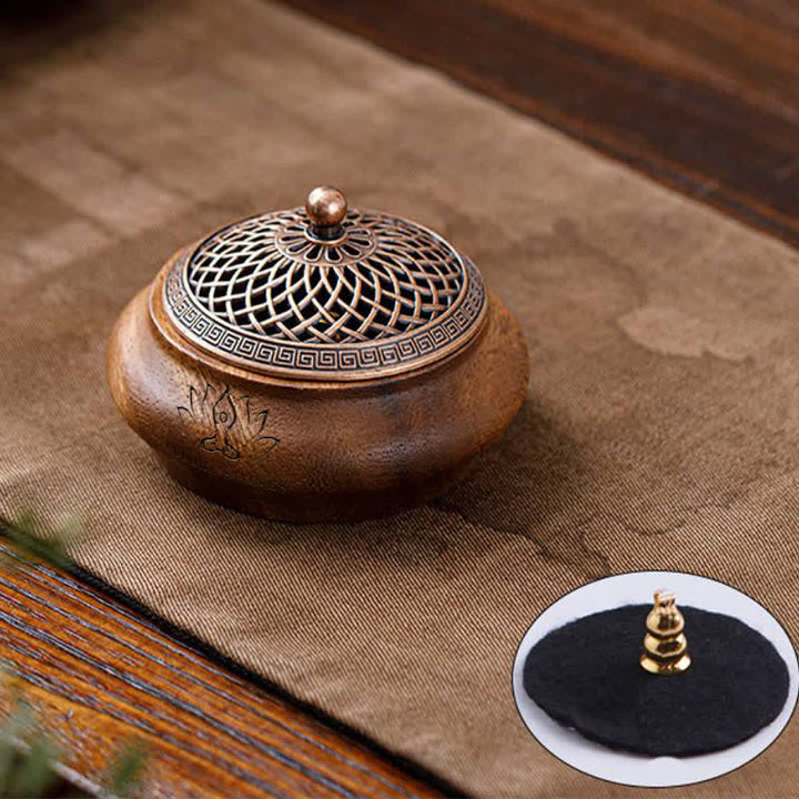 Buddha Stones Brûleur d'encens rond en bois de pêcher, dragon et phénix porte-bonheur - En forme de bol - Lotus Design - image 10