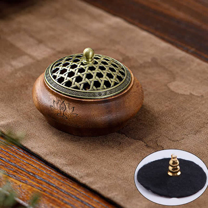 Buddha Stones Brûleur d'encens rond en bois de pêcher, dragon et phénix porte-bonheur - En forme de bol - Motif tissé vert - image 8