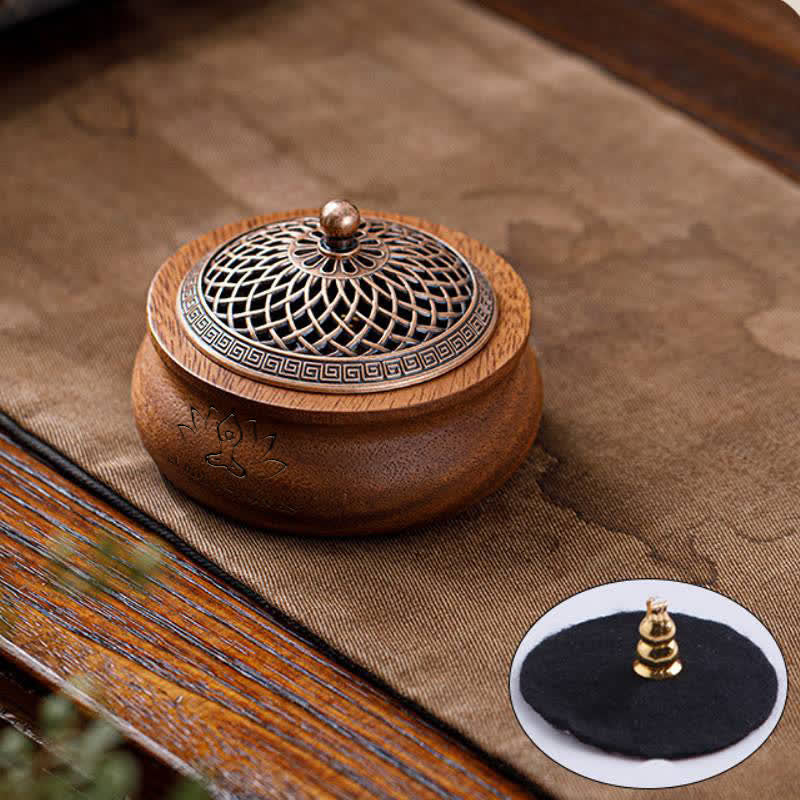 Buddha Stones Brûleur d'encens rond en bois de pêcher, dragon et phénix porte-bonheur - En forme de pot - Lotus Design - image 3