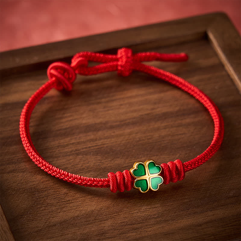 Buddha Stones Bracelet porte-bonheur en corde rouge tressée à la main, en forme de cœur et orné d'un trèfle à quatre feuilles vert. - image 1