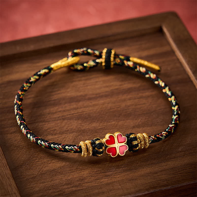 Buddha Stones Bracelet de guérison en corde tressée à la main en forme de cœur avec trèfle à quatre feuilles rouge - image 1