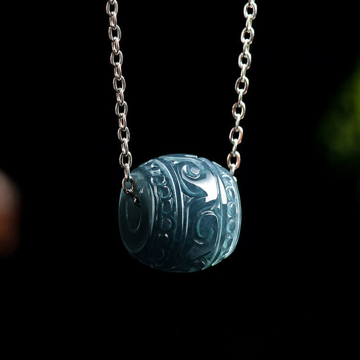 Buddha Stones Collier avec pendentif tonneau Harmony gravé en jade et chaîne en acier titane - image 2