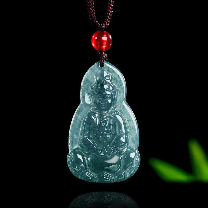 Buddha Stones Collier pendentif en jade sculpté représentant Avalokiteshvara, symbole de chance et de compassion - Jade naturel (la couleur peut varier) - 21 × 35,5 × 3,5 mm - image 0