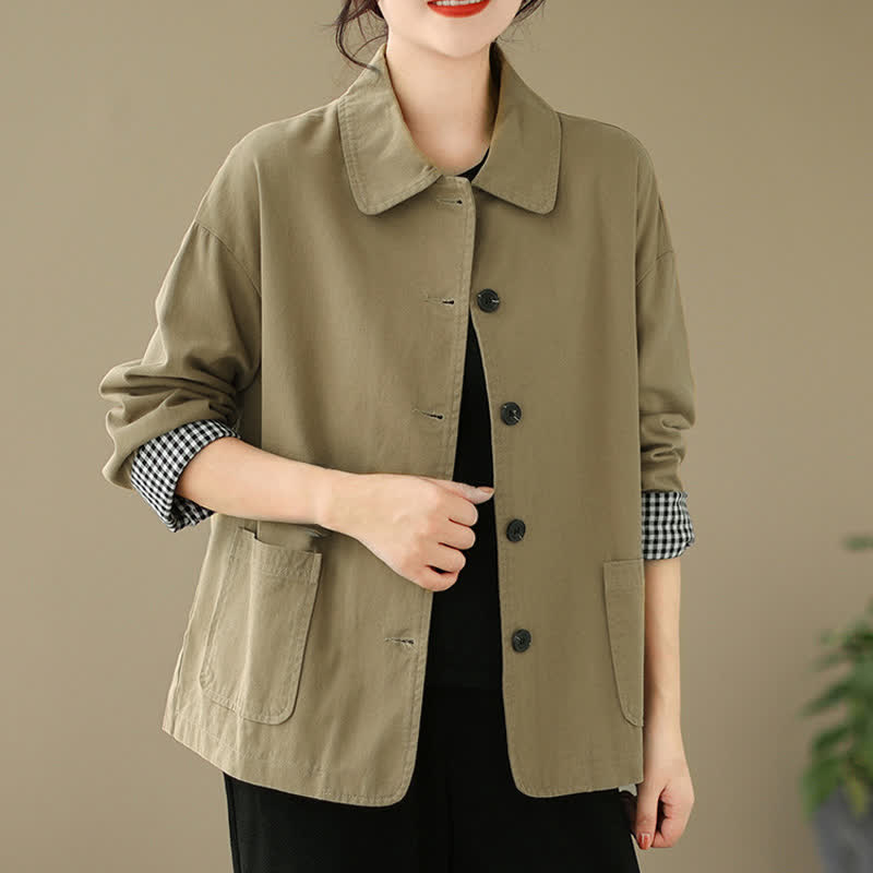Buddha Stones Veste femme unie à boutons, style minimaliste décontracté, avec poches, idéale pour le printemps et l'automne. - DarkKhaki - US8-10, UK/AU12-14, EU40-42 (2XL) - image 0