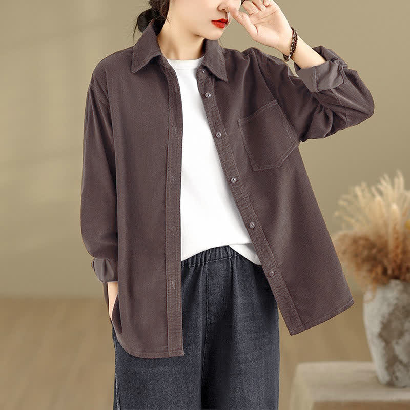 Buddha Stones Veste femme automne-hiver décontractée vintage en velours côtelé uni avec poches - image 1