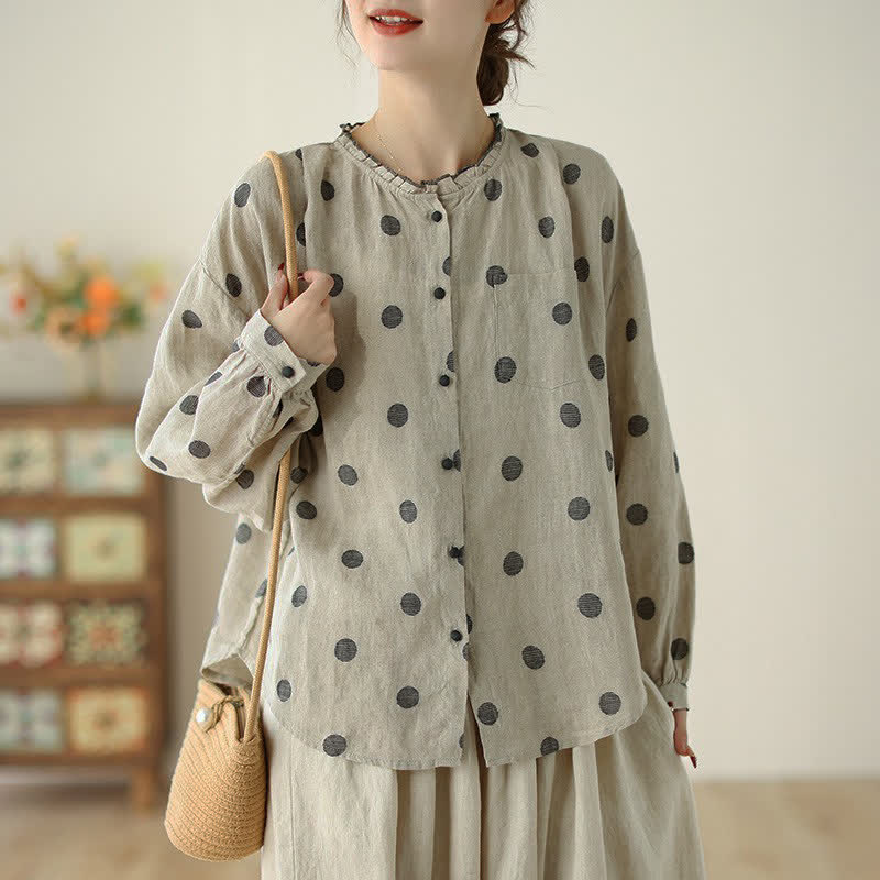 Buddha Stones Chemises à manches longues boutonnées à pois pour femmes, style vintage décontracté, printemps-automne, avec poche - Beige - US8-10, UK/AU12-14, EU40-42 (2XL) - image 0