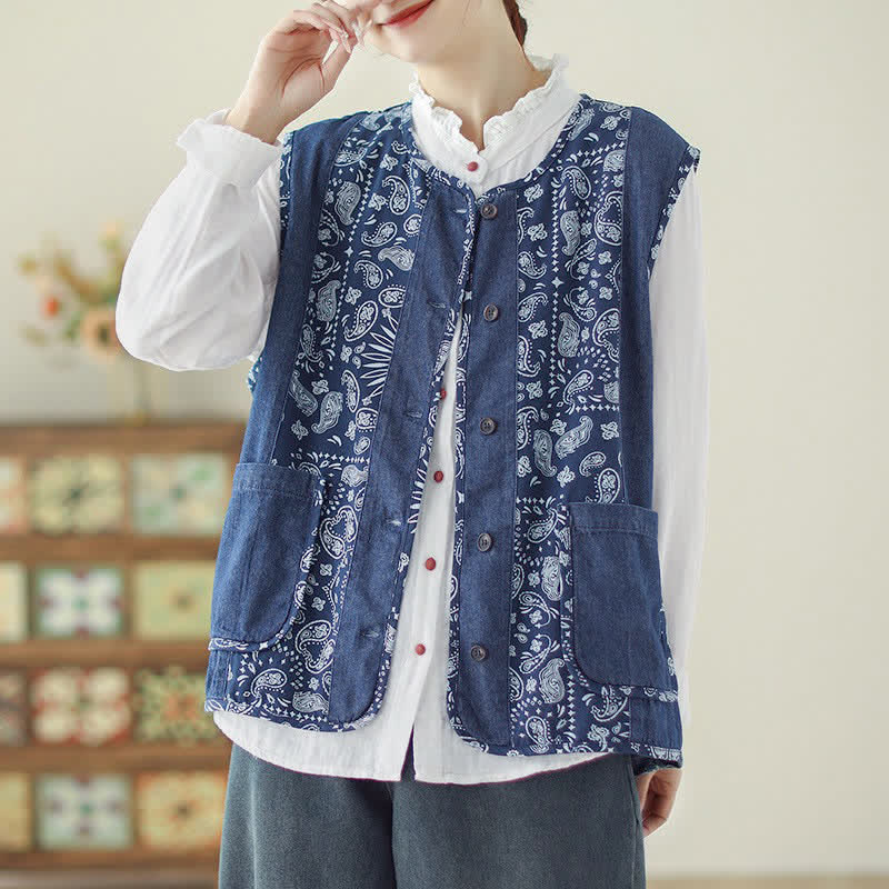 Buddha Stones Débardeur fleuri vintage bohème à boutons pour femme, avec poche, idéal pour le printemps et l'automne. - Bleu royal - US12, UK/AU16, EU44 (2XL) - image 0