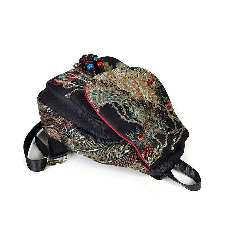 Sac à dos à pompons en toile avec broderies de paon et Buddha Stones - image 12