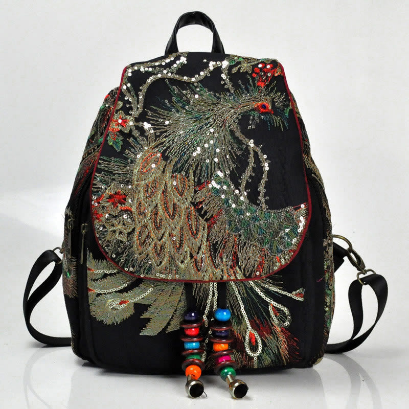 Sac à dos à pompons en toile avec broderies de paon et Buddha Stones - image 1