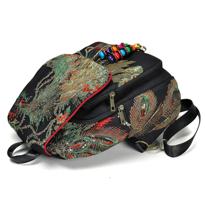 Sac à dos à pompons en toile avec broderies de paon et Buddha Stones - image 3
