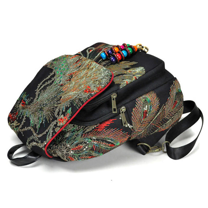 Sac à dos à pompons en toile avec broderies de paon et Buddha Stones - image 3