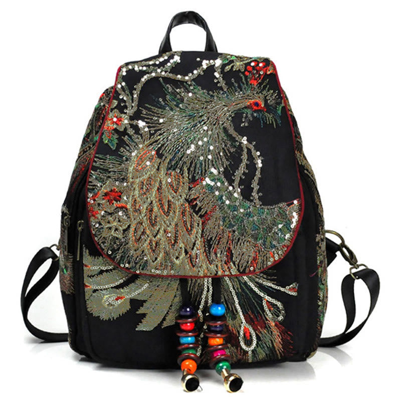 Sac à dos à pompons en toile avec broderies de paon et Buddha Stones - Paon noir - image 0