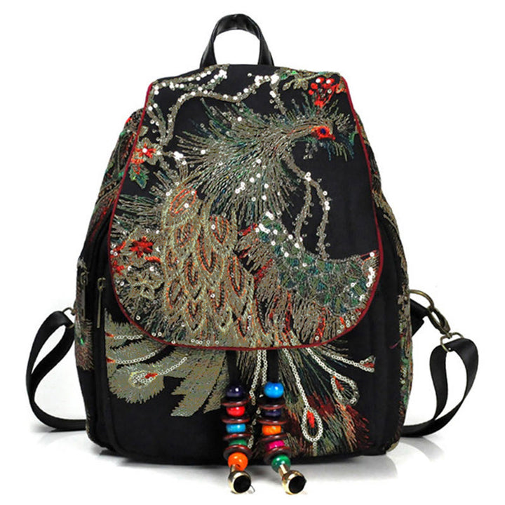 Sac à dos à pompons en toile avec broderies de paon et Buddha Stones - Paon noir - image 0