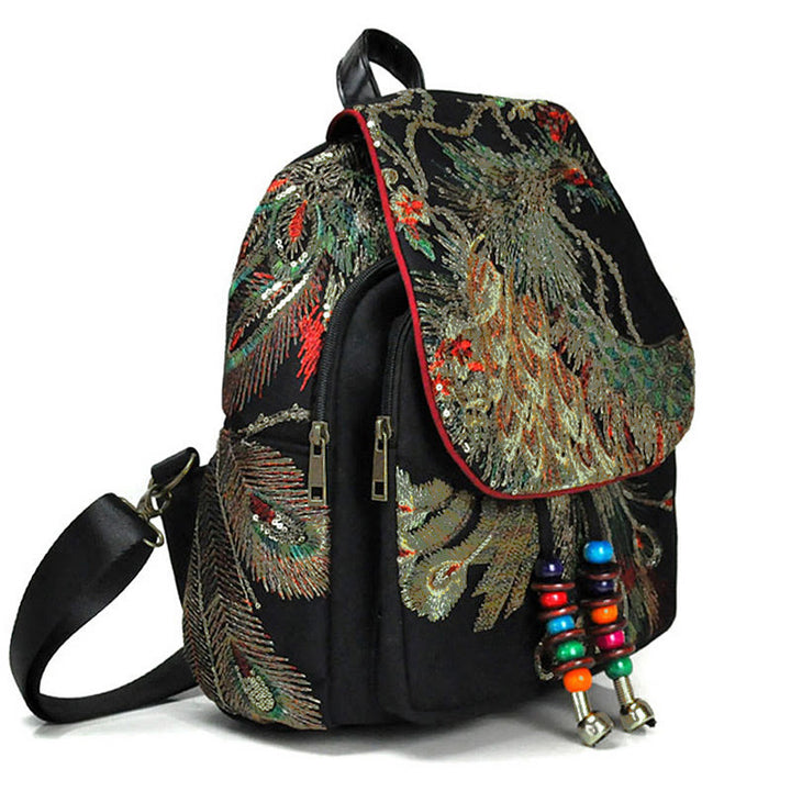 Sac à dos à pompons en toile avec broderies de paon et Buddha Stones - image 2