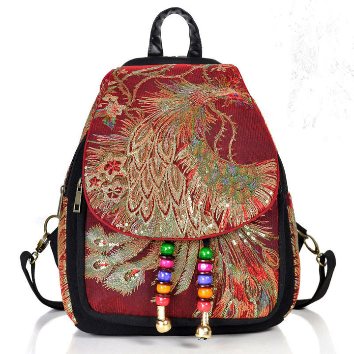 Sac à dos à pompons en toile avec broderies de paon et Buddha Stones - Paon rouge vin - image 18