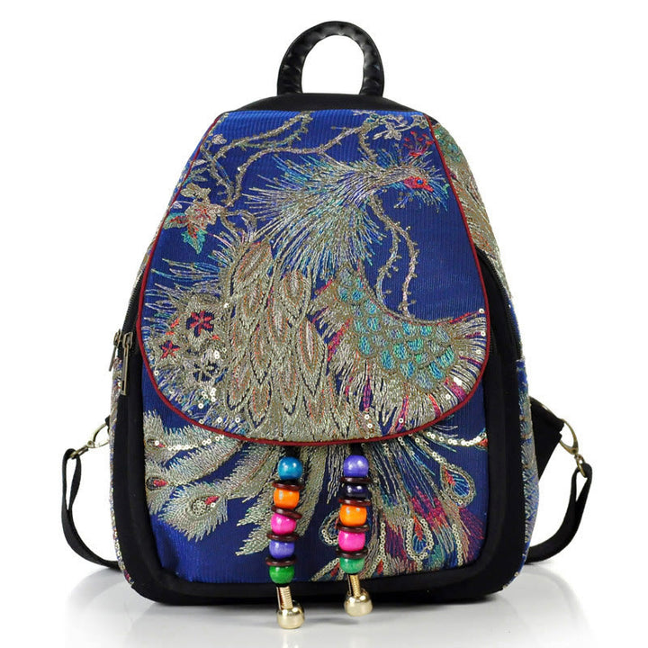 Sac à dos à pompons en toile avec broderies de paon et Buddha Stones - Paon bleu foncé - image 17