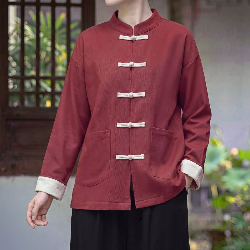 Buddha Stones Vestes d'automne-hiver style Tang vintage à col mandarin et boutons brandebourg unis pour femmes avec poches - FireBrick - US16，UK/AU20，EU48 (5XL) - image 0