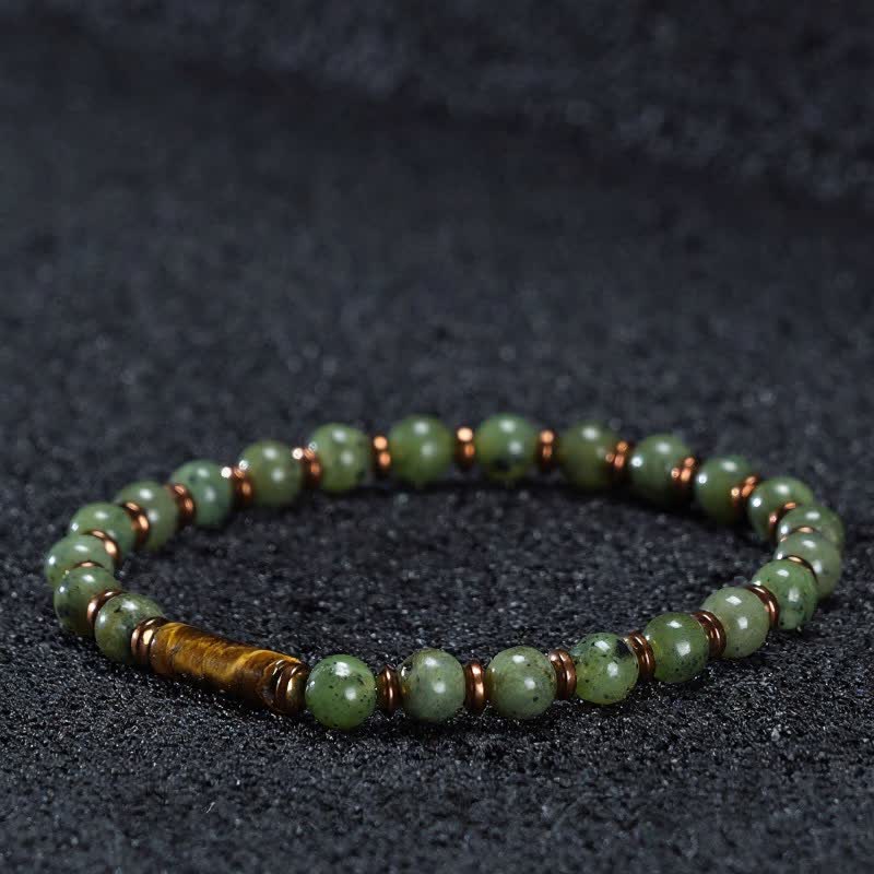Buddha Stones Bracelet orné d'une perle ronde en agate mousse verte et d'un œil de tigre - Agate mousse et œil de tigre (Tour de poignet : 15-16 cm) - image 2